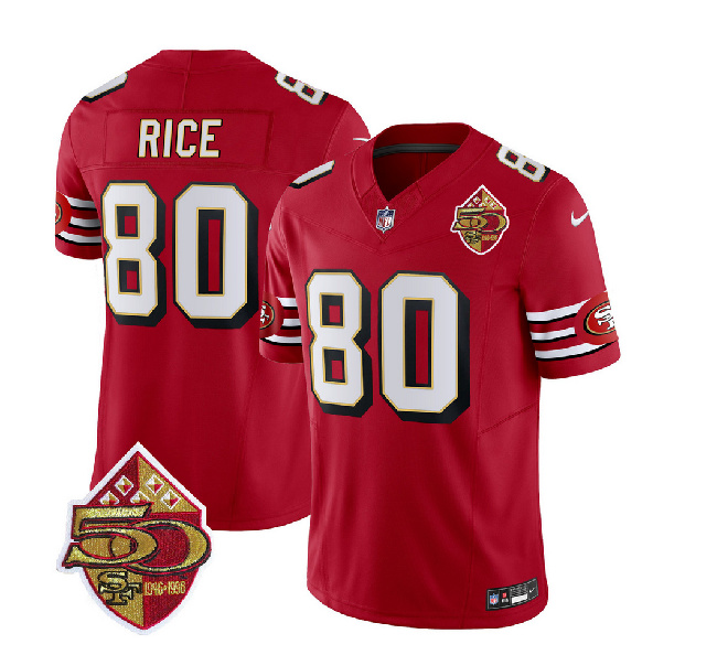 Men's San Francisco 49ers #80 Jerry Rice Red 2023 F.U.S.E. 50th Patch Throwback Football Stitched Jersey
